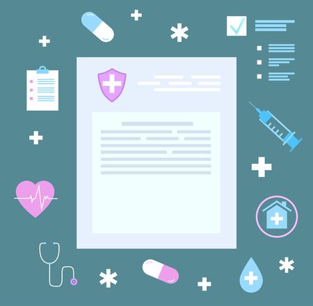 Patient medical history, card with illnesses. Notepad with paper documentation, health insurance map. Signs and icons of syringe and heart, pills and stethoscope. Vector illustration in flat styleのイラスト素材