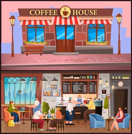 Pictures of coffeehouse exterior and interior. Brick building with room with furniture. Barista serves customers. People eat cakes, drink coffee and meet with friends, vector illustrationのイラスト素材