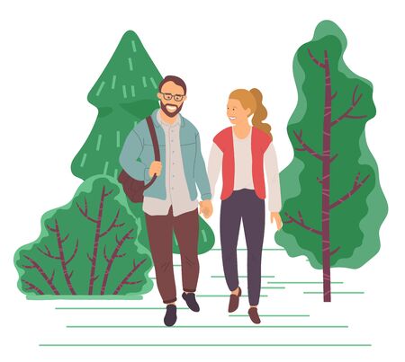 Couple on date, spend leisure time together in park. Man and woman hold each other hands and walking through forest. Beautiful summer landscape with green trees. Vector illustration in flat styleのイラスト素材