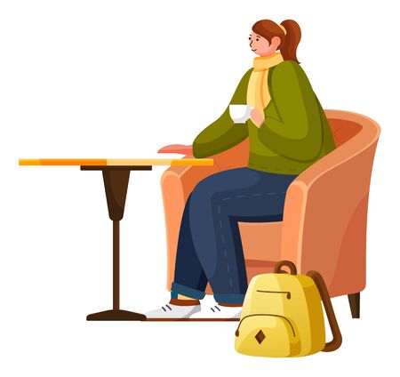 Female character in casual clothes with backpack sitting on chair in coffeehouse. Woman drinking coffee or tea indoor. Element of cafe with person at table drinking beverage isolated on white vectorのイラスト素材