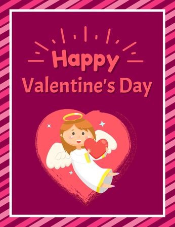 Happy Valentine day greeting papercard decorated by flying angel with wings and nimbus on purple, portrait view of girl in white dress holding heart vectorのイラスト素材