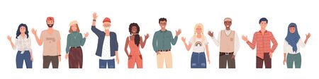Multicultural students group, international people waving vector. Young girls and boys of al races and nationalities isolated characters. Happy teenagers in casual clothes, youth. Different nationsのイラスト素材