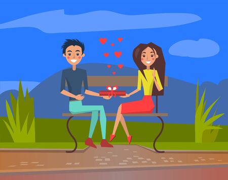 Daring couple sitting on bench at night vector, man and woman on date. Woman receiving gift from beloved person, smiling lady and love hearts flat styleのイラスト素材