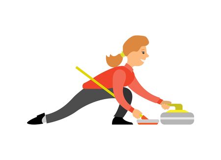 Curling famous English sport, woman with curling-broom pushing granite stone on ice, isolated cartoon character playing winter game. Vector female curlerのイラスト素材