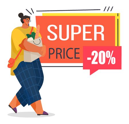 Female character carrying bread and food bought from groceries store. Promotional banner with 20 percent off price, lowering of cost on market. Shopping woman, buyer using coupons vector in flatのイラスト素材