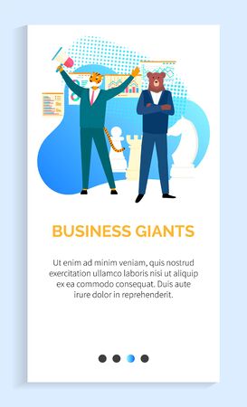 Success business giants vector leadership of best entrepreneurs in field, confident hipster businessman stands amid economic growth, tiger bear. Website or app slider template, landing page flat styleのイラスト素材