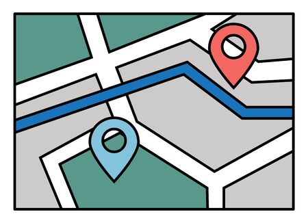 Navigation map for mobile phone application or computer app. Starting point and destination of route. System of finding easy and fast ways in new city. Touristic navigator, vector in flat styleのイラスト素材