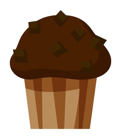 Tasty cupcake isolated on white. Cake decoration with brown choko drops, chips. Baked dessert in paper form, cup. Chocolate confection in bakery. Vector illustration of closeup muffin in flat styleのイラスト素材