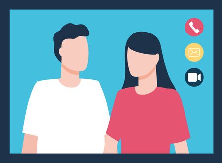 Video call or conference with couple. Man and woman on screen talking. Online communication via internet. Business meeting on distance. Male and female characters, button of phone icon, vectorのイラスト素材