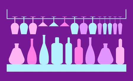Wineglass and bottle on shelf, hanging glass, element of party. Tableware for alcohol in purple color, shadow of tumbler and volume, cocktail object vectorのイラスト素材
