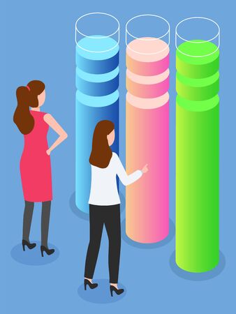 People analyzing infocharts with equal segments and pieces. Isolated female characters at work dealing with information data set in visual form. Teamwork of women, vector in isometric 3d styleのイラスト素材