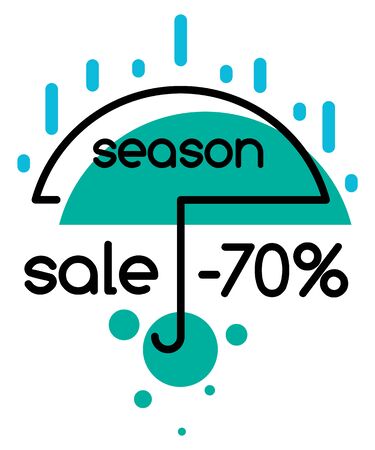 Season sale in shops, up to 70 percent discount. Umbrella protects from autumn rain. Simple outline label with caption about seasonal clearance. Vector illustration of promotion in minimalismのイラスト素材