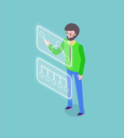 Man working with touchscreen device, modern equipment, decoration of presentation. Portrait view of standing worker with laptop, tech startup vectorのイラスト素材