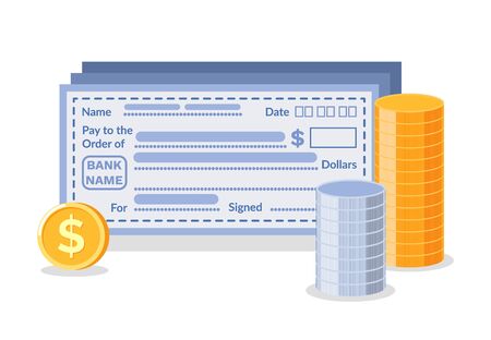 Money and financial assets vector, Check with initials and owner name, banking system with currency and documents, dollar and euro finance businessのイラスト素材