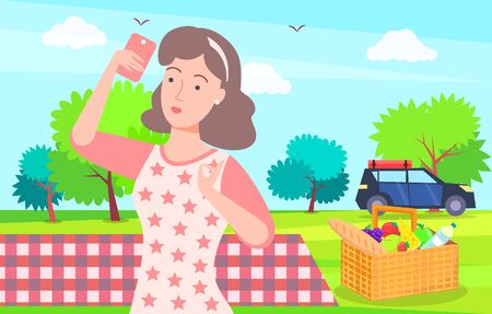 Female character taking selfie vector, woman on picnic. Nature with trees and fresh air, car with yoga mat, blanket and basket with fruits and food, meal dishesのイラスト素材