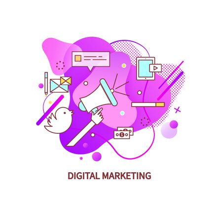 Digital management vector, tools for broadcasting in social networks, megaphone and smartphone, letter envelope for chatting and communication flat styleのイラスト素材