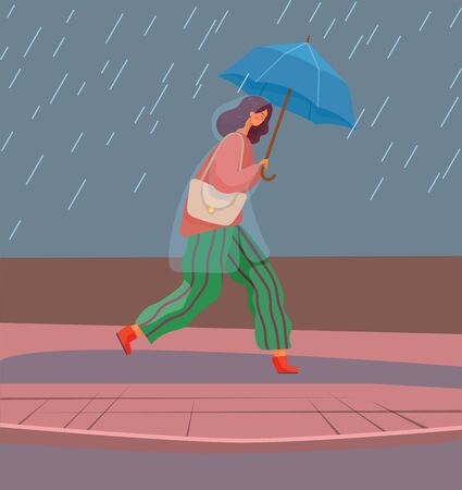 Woman with umbrella under autumn rain walking on puddles vector. Rainfall and fall weather, girl in raincoat with parasol, seasonal forecast changes. Person and outdoor activity illustrationのイラスト素材