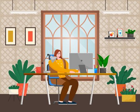Worker using computer on workplace in office or at home. Female typing in pc wireless device sitting at table with cup, pan and lamp symbol near window. Employee looking at laptop indoor vectorのイラスト素材