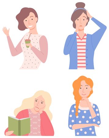 Female character vector, isolated set of women stylish girls wearing fashionable clothes. Lady drinking coffee tea, reading book with thinking expressionのイラスト素材