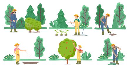 Harvesting people characters farming in garden set isolated on white. Man and woman farmers picking apple, watering plant, raking and digging soil. Male and female gardening plant outdoor vectorのイラスト素材
