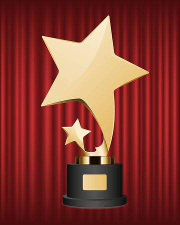 Trophy for actor or actress vector, isolated prize on red curtain background. Award on pedestal in form of stars, recognition of winner best rewardのイラスト素材