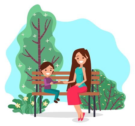 Smiling mother and son cartoon characters sitting on wooden bench near green trees. Parent female and little boy enjoying together in park. Family leisure together in summer time outdoor vectorのイラスト素材