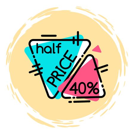 Half price discount and 40 percent off isolated triangle on round brush strokes. Vector illustration of hand drawn circle price off label with painted elements, memphis style promo sticker frameのイラスト素材