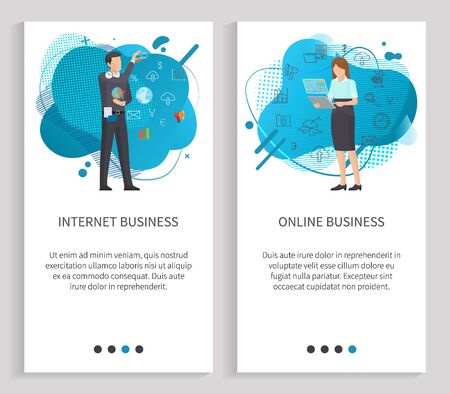 Online business of man and woman characters with wireless device, computer communication, internet icon on liquid shape, people connection vector. Website or app slider, landing page flat styleのイラスト素材