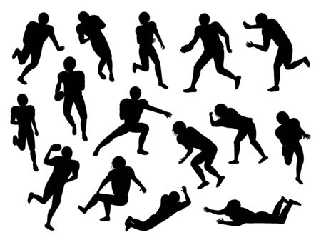 Set of team sports silhouette characters. Collection of american football players. Athletes running, falling down and rolling ball. Isolated sportsmen playing traditional game of usa. Vector in flatのイラスト素材