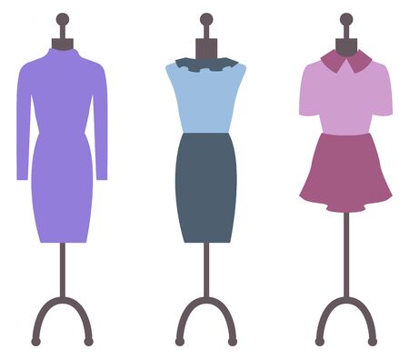 Mannequins with dresses and skirts with blouse vector, isolated seasonal clothes model with elegant dressing. Female fashion collection for trendy ladiesのイラスト素材