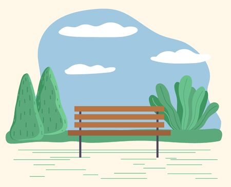 Public park with wooden outdoors furniture to sit. Isolated garden or forest with trees and bushes. Tranquil natural beauty with greenery. Summer or spring view, bench for visitor vector in flatのイラスト素材