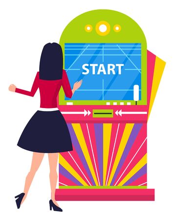 Woman playing gambling machine with touchscreen monitor, start game. Female player and level of video-game, colorful casino equipment, entertainment vectorのイラスト素材