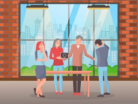 Meeting at office room, people discussing about project and sharing ideas. Men and women talk with each other, brainstorm to find creative solution. Vector illustration about working in team in flatのイラスト素材