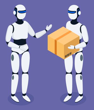 Logistics of future, robots assisting in shipment and delivery services. Robotic courier with parcel for customer of shop. Innovative technologies, transportation of orders. Vector in isometric styleのイラスト素材