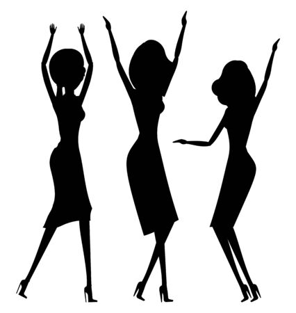 Woman having fun in club vector, clubbing females isolated silhouette of characters. Ladies wearing skirts and dresses, partying and dancing girlsのイラスト素材