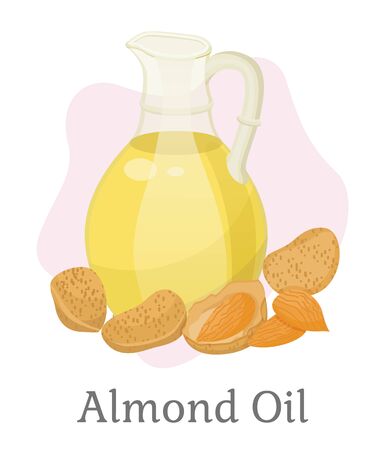 Almond oil liquid in glass bowl for hair caring isolated on white. Edible and vegetarian ingredient element in bottle. Poster serum and heap of nuts object for spa therapy or skincare vectorのイラスト素材