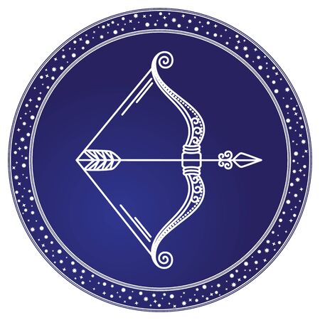 Sagittarius decorative design of mutable zodiac sign used for horoscopes and predictions. Isolated icon of ninth symbol of astrology. Element of archer with bow and arrow. Vector in flat styleのイラスト素材