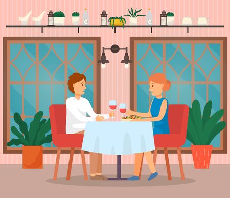 People sit by table in restaurant. Couple drink wine and eating out in cafe, romantic date. Friends spending time together. Cafeteria interior with big windows and houseplants. Vector illustrationのイラスト素材