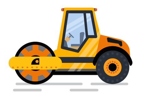 Machinery for road building vector, isolated machine with rounded heavy part to deal with asphalt....