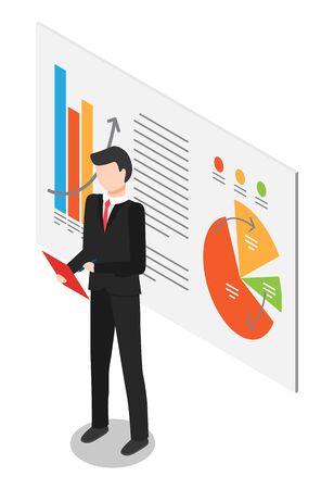 Businessman presenting scheme graph report. Speech of professional worker standing with paper near diagram presentation. Training form employee male with growth plan and business statistics vectorのイラスト素材