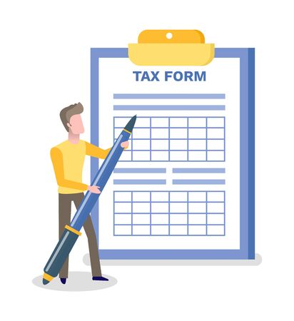 Empty tax form vector, isolated man holding pen, small male with big pencil, accountant and taxation, table with blank space for filling flat styleのイラスト素材