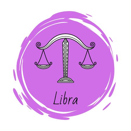 Libra zodiac sign of horoscope. Balance scales symbol of astrological element for people born in september and october. Astrology science, decorative design with circle and lines. Vector in flatのイラスト素材