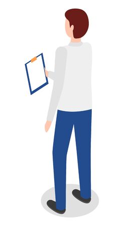 Employee or office worker, man with pad, data analysis vector. Analyst with document, businessman preparing statistics and analytics. Paperwork and annual report, market research, isometricのイラスト素材