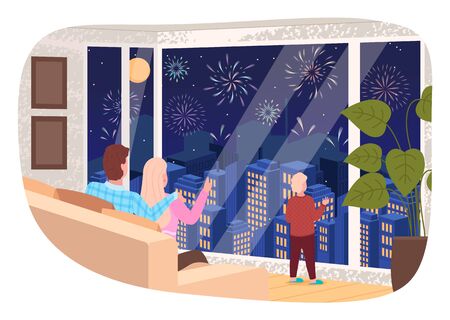 Mom and dad sitting on sofa and kid standing by window looking at fireworks at night. Cityscape view at evening. People celebrating holidays. Characters spending time at home, vector in flatのイラスト素材