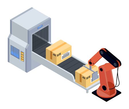 Robotic machine packing products, automated production and delivery. Smart mechanism packaging devices from conveyor in cardboard boxes. Vector illustration of automation and shipment in flat styleのイラスト素材