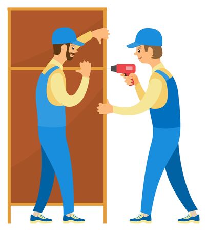 Repairman drilling screw in locker, manual furniture assembly. Craftsman in uniform and cabinet, wooden object, renovation symbol, electronic tool vectorのイラスト素材