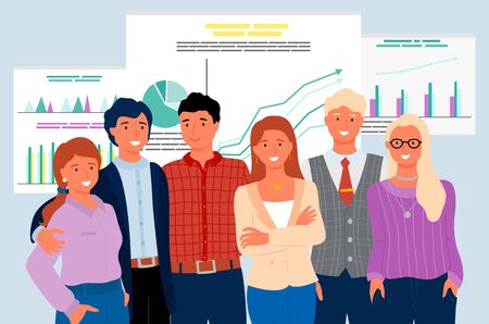 Group of people standing together, portrait view of smiling man and woman workers, board with growth...