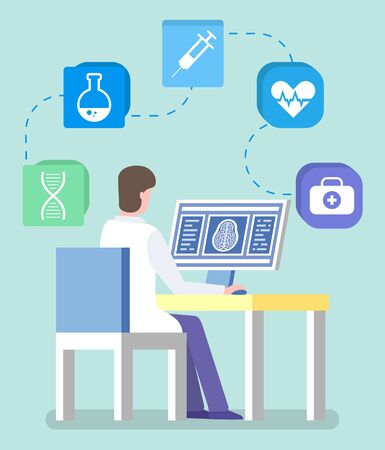 Doctor sit in his cabinet in hospital and examine patients remotely. Appointment for consultation through computer. Medical web application on device. Vector illustration of online medicine in flatのイラスト素材
