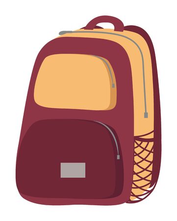 Backpack school equipment or tourism traveler isolated on white. Colorful haversack with pockets and close zip student object. Adventure symbol textile rucksack with handle for hiking vectorのイラスト素材
