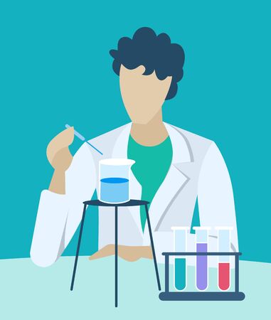 Chemistry lesson or workshop of scientist conducting research or experiment. Man with instruments and tubes with substances. Laboratory at work of male character. Vector in flat style illustrationのイラスト素材